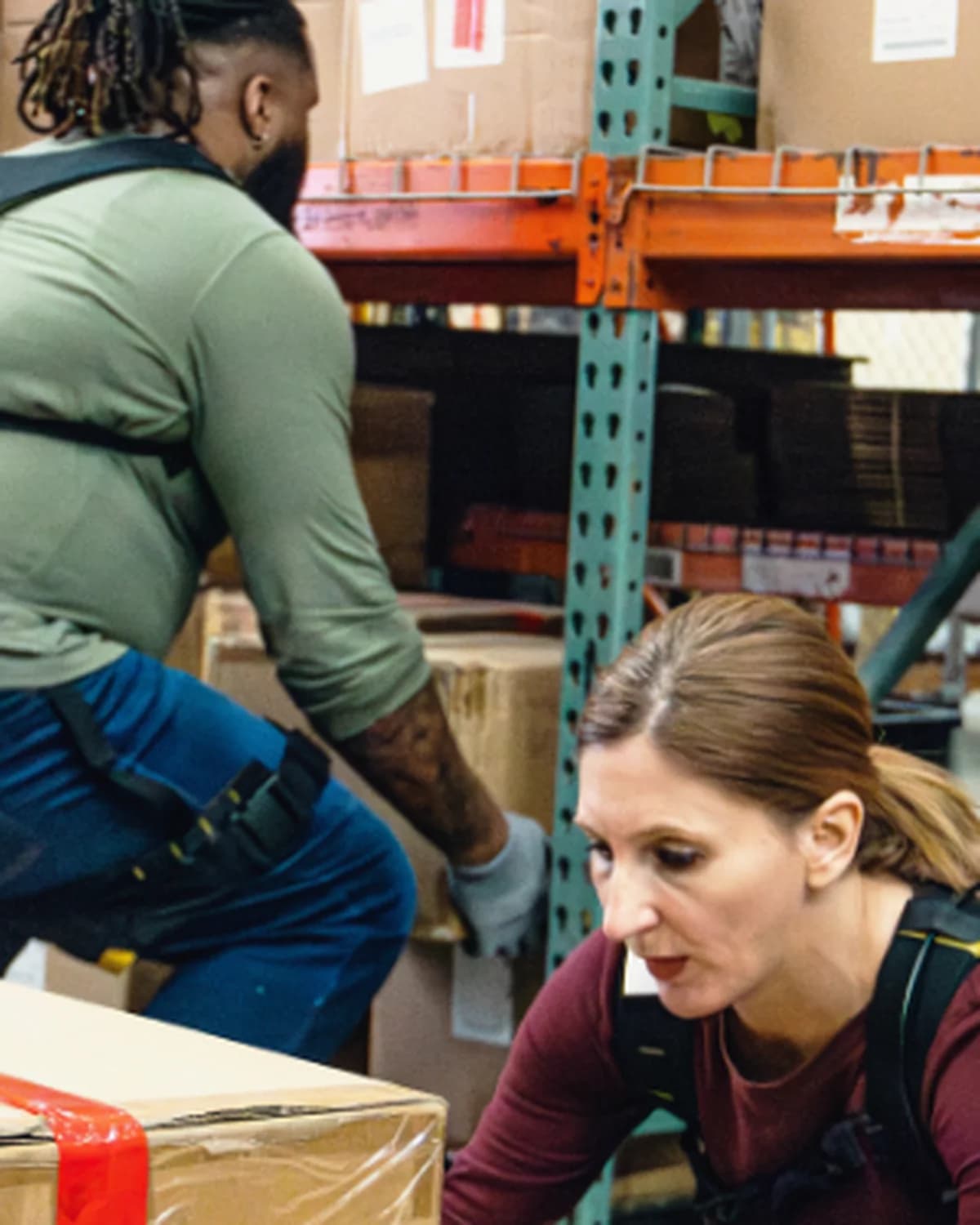 Workers wearing HeroWear Apex 2 back exoskeletons while lifting in a warehouse.
